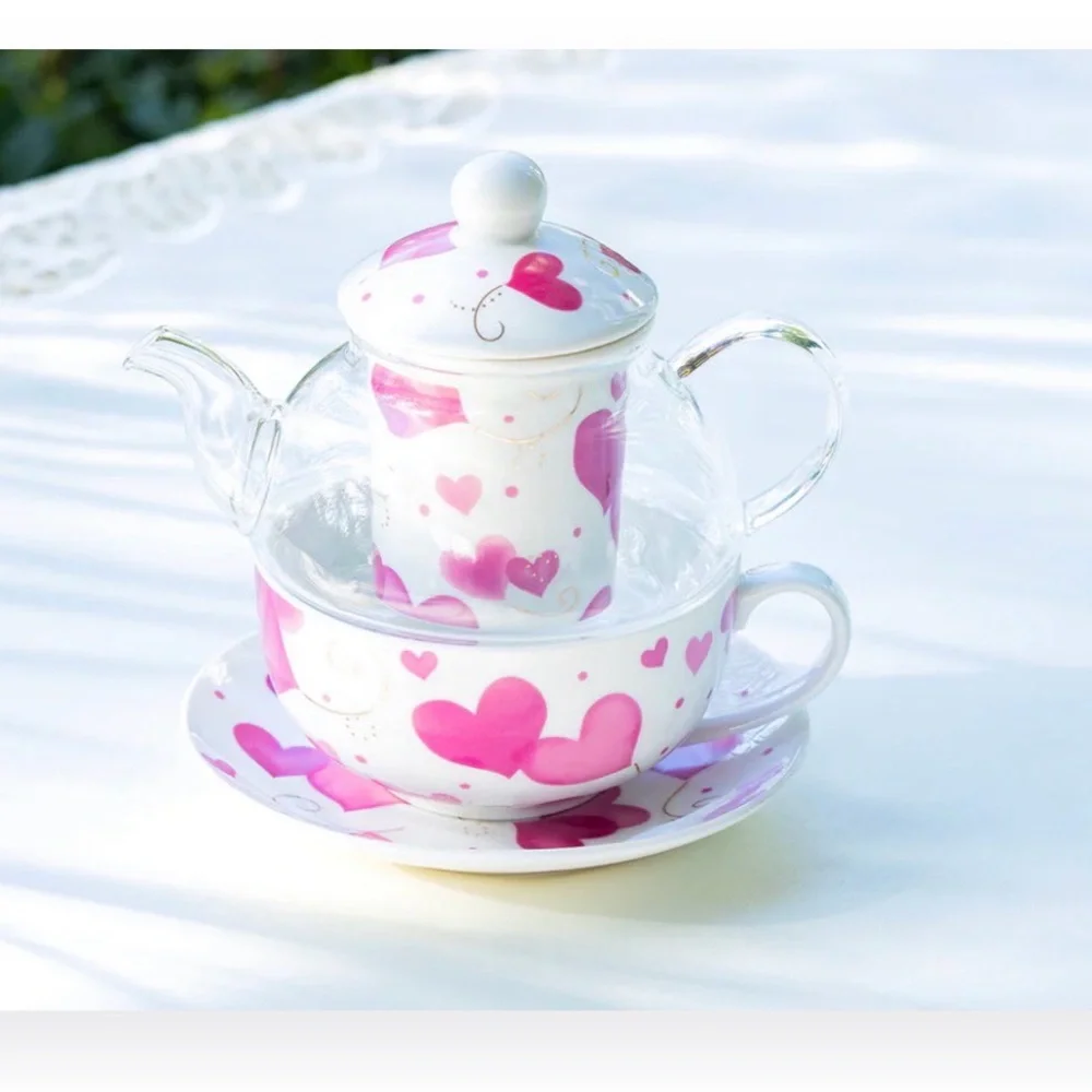 Grace’s Teaware Pink Hearts Glass and Fine Porcelain Tea For One Set - Picture 3 of 7